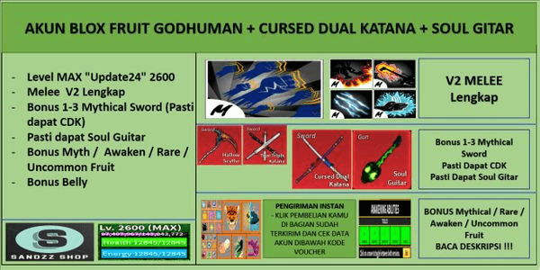 Gambar Product Blox Fruit Account GODHUMAN+CURSED DUAL KATANA+SOUL GUITAR [Level MAX] [DATPOL]