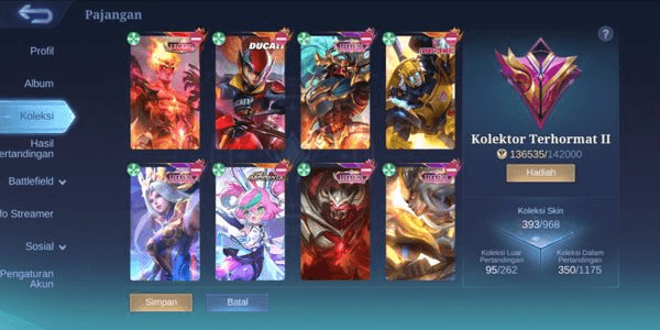 Gambar Product AKUN MLBB SULTAN SKIN 393 - KOLEKTOR TERHORMAT 2 - LEGEND VALIR - DUCATI IRITHEL - 2 TF - ASPIRANT CHANGE - LUCKYBOX BANYAK - STAR TAHUNAN BANYAK
