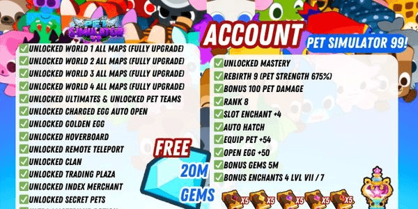 Gambar Product Pet Simulator 99 Account - Open All Map (Equip +54 & Hatch +50 & Max Upgrade Map) - Rank 8