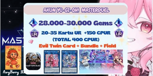 Gambar Product Yugioh Masterduel Account 28-30K Gems + Eviltwin Bundle 20-35 UR Cards + 150CPUR + Bonus SR/R Cards