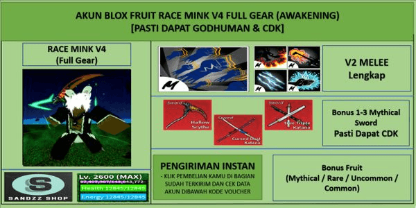 Gambar Product Blox Fruit Race Mink V4 Full Gear (Awakening) Account (Godhuman + CDK) [MAX Level]