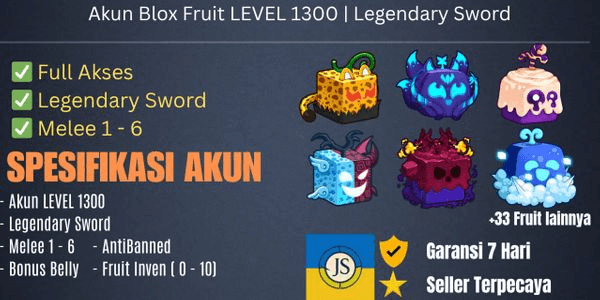 Gambar Product Akun Blox Fruit Level 1300 | Bonus Legendary Sword !