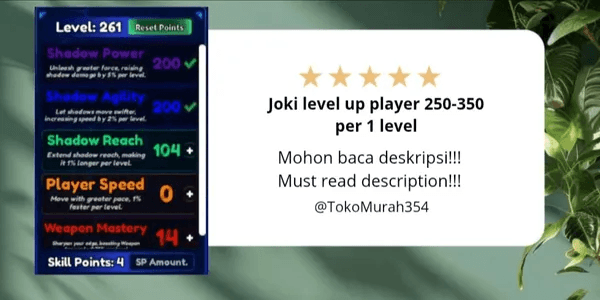 Joki level up player 250-350 per 1 level