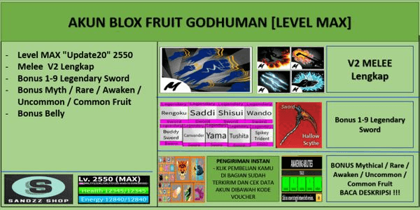 Gambar Product Blox Fruit GODHUMAN Account [MAX Level] [Datpol] [Not Verified]