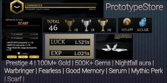 Gambar Product Account Prestige 4 | 100M+ Gold | 500K+ Gems | Nightfall Aura | Serum |