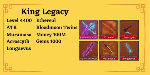 Gambar Product King Legacy Account - BLOODMOON ETHEREAL ATK MURAMASA LONGAVEUS ACROSCYTHE