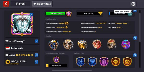 Gambar Product Sultan Account Level 221 + Coins 3.4B + 1 MAX Cue + 20 Legendary Cues (average level 5-6 "1MAX") + CCP 64 + VIP Diamond