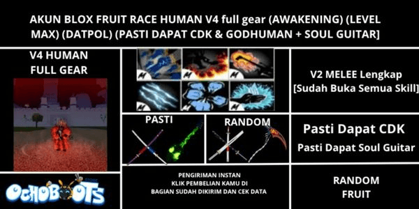 Gambar Product Akun Blox Fruit Race Human V4 Full Gear (Godhuman + CDK + Soul Gitar) [Level MAX]