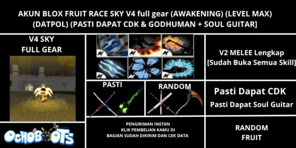 Gambar Product Akun Blox Fruit Race Sky V4 Full Gear (Godhuman + CDK + Soul Gitar) [Level MAX]