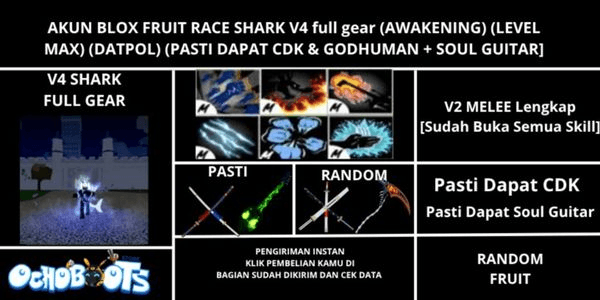 Gambar Product Akun Blox Fruit Race Shark V4 Full Gear (Godhuman + CDK + Soul Gitar) [Level MAX]