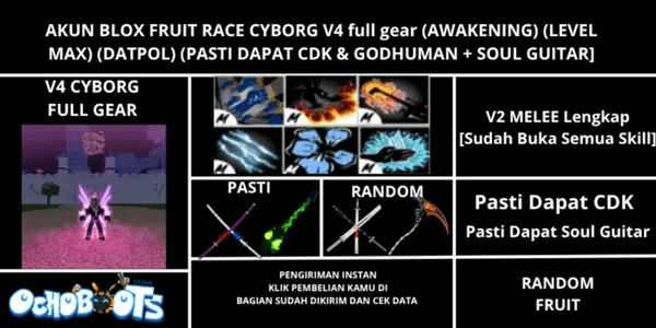 Account Blox Fruit Race Cyborg V4 Full Gear (Godhuman + CDK + Soul Guitar) [Level MAX]