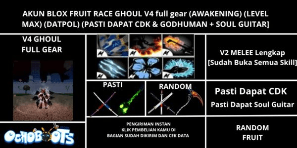 Gambar Product Akun Blox Fruit Race Ghoul V4 Full Gear (Awakening) (Godhuman + CDK + Soul Gitar) [Level MAX]