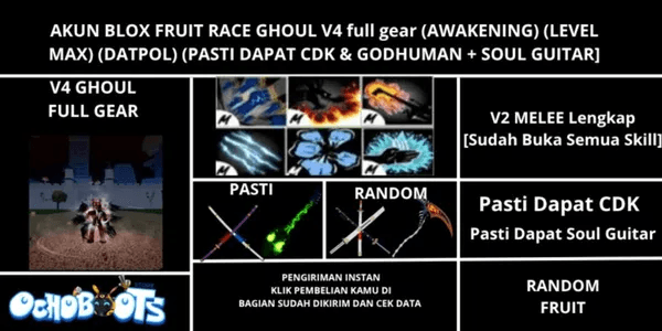Akun Blox Fruit Race Ghoul V4 Full Gear (Awakening) (Godhuman + CDK + Soul Guitar) [Level MAX]