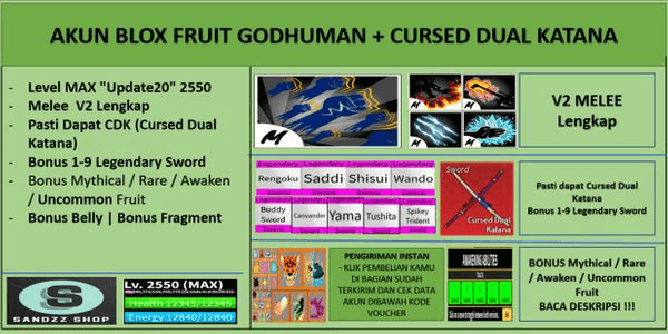 Gambar Product Blox Fruit Account GODHUMAN+CURSED DUAL KATANA [Level MAX] [DATPOL]