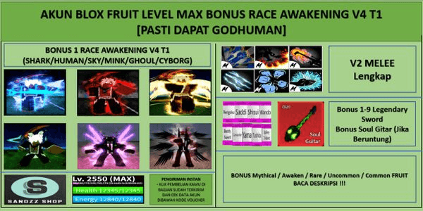 Gambar Product Blox Fruit Account Level Max Bonus Race Awakening V4 T1 (Godhuman)