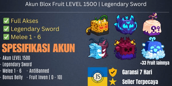Gambar Product Akun Blox Fruit LEVEL 1500+ | Bonus LEGENDARY SWORD AND FRUIT