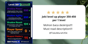 Joki level up player 350-450 per 1 level (+free some ticket, relic, and sword)