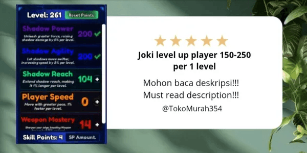 Joki level up player 150-250 per 1 level