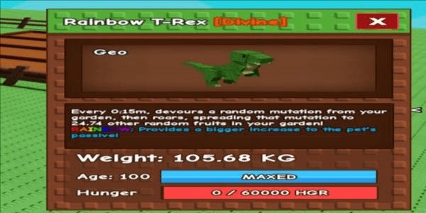 Gambar Product Titan T-Rex | Rainbow Mutation | Max Age 100 Weight 105.68 kg | 15 Sec CD