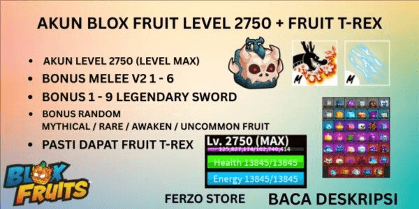 Gambar Product Akun Blox Fruit MAX LEVEL + Fruit T-REX