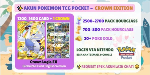 Gambar Product Pokemon TCGP Account | Crown Lugia EX + 1200-1600 Cards | 2500+ Pack Hourglass