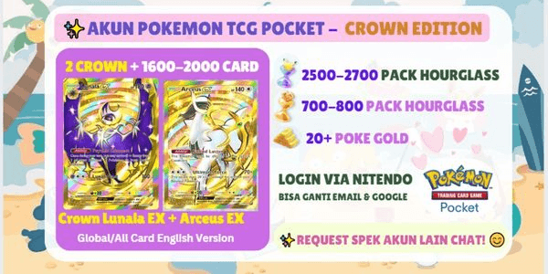 Gambar Product Akun Pokemon TCG Pocket | Crown Lunala EX + Arceus EX | 2500+ Pack Hourglass