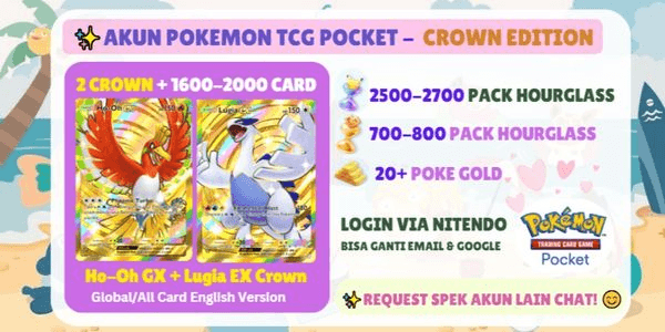 Gambar Product Akun Pokemon TCG Pocket | Crown Ho-Oh & Lugia GX | 2500+ Pack Hourglass
