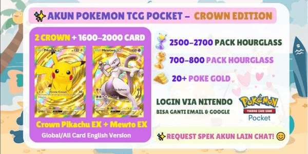 Gambar Product Pokemon TCG Pocket Account | Crown Pikachu EX + Mewtwo EX | 2500+ Pack Hourglass