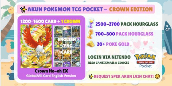 Gambar Product Pokemon TCGP Account | Crown Lunala EX + 1200-1600 Cards | 2500+ Pack Hourglass