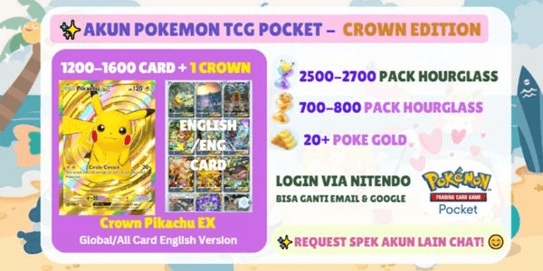 Gambar Product Akun Pokemon TCGP | Crown Pikachu EX + 1200-1600 Card | 2500+ Pack Hourglass
