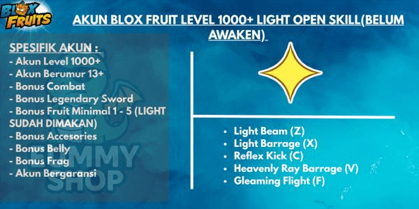 Gambar Product AKUN BLOX FRUIT LEVEL 1000+ BUAH LIGHT OPEN SKILL (BELUM AWAKEN)