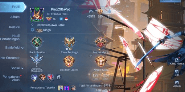 Gambar Product EDISI DISKON Akun Mobile Legends Hero129 Skin214 1Collab 16Epic Bagus Banget Aman Garansi Nickname Kingofbacot