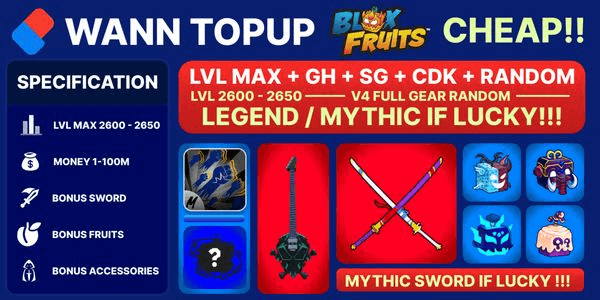 Gambar Product Akun Blox Fruit LEVEL MAX [GODHUMAN + SKULL GUITAR + Cursed Dual Katana + Random Fruit] V4 Full Gear Random