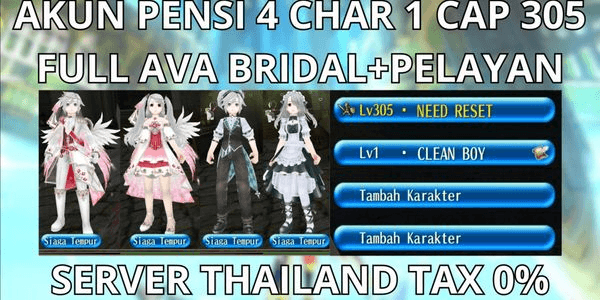 Gambar Product ACCOUNT RETIRE 4 CHAR 1 CAP MAX LVL 305 SERVER THAILAND TAX 0%, FULL AVA SET BRIDAL+KUCING PELAYAN, VIA MQ, ANTI HACKBACK, SUPER CHEAP