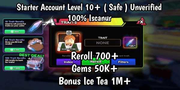 Gambar Product Akun Starter Level 10+ | 100% Scan | Reroll 700+ | Gems 50K+ | 1M+ Ice Tea - Anime Vanguards