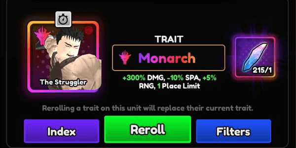 Gambar Product Starter Account Level 1 Monarch The Struggler + 215 Trait Rerolls - Anime Vanguards