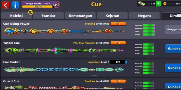 Gambar Product #9 ACCOUNT 8BP 1 Max Cue + 2 Max Pool Cues + 1 Legend Cue + Level 69 + CCP 45 + Cash 115