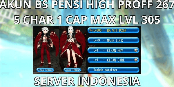 Gambar Product HIGH PROF PENSION BS ACCOUNT 267, 5 CHAR 1 CAP MAX LVL 305 INDONESIA SERVER, AVA MIX+READY TO USE, NO MOD, ANTI HACKBACK, SUPER CHEAP