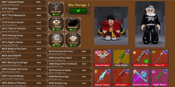Gambar Product Akun King Legacy Max - Xmas Blade - Hunter Blade - Conqueror Ability - DawnBreaker - Riptide Slayer - 2x Drop - 2x Money