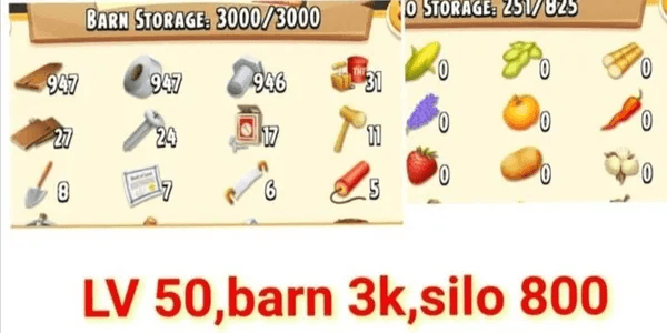 Account LV 50 Barn 3000 Silo 800 (Bonus Barn Tools/Land Tools)