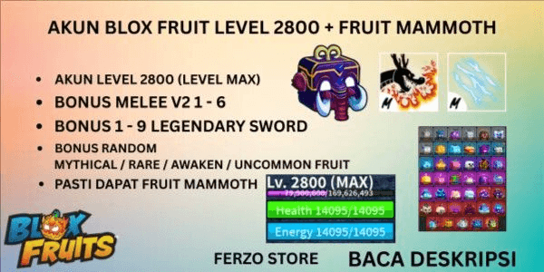 Gambar Product Account Blox Fruit MAX LEVEL + MAMMOTH Fruit