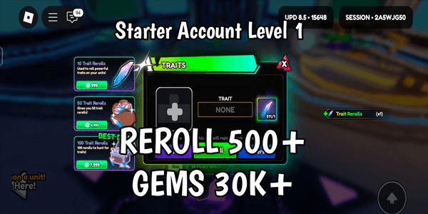Gambar Product Akun Starter Level 1+ | Gems 30K+ | Reroll 500+ | Anime Vanguards