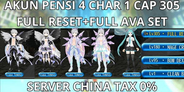 Gambar Product ACCOUNT TAX 0% PENSION 4 CHAR 1 CAP MAX LVL 305 SERVER CHINA, FULL AVA SET STAR SHINING GLASS+BEASTLORD RING, NO MOD, VIA MQ, ANTI HACKBACK