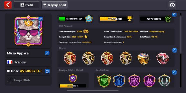 Gambar Product #18 SULTAN ACCOUNT Level 297 + 2.5B coins + 1 Max Cue + 16 Legend Cues + CCP 63