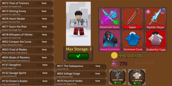 Gambar Product Akun King Legacy Max - Ava Kece - Riptide Slayer - Abyssal Tyrant Armor - 2x Money - Legacy Pose - 2 fruit storage - money 990M - gem 770