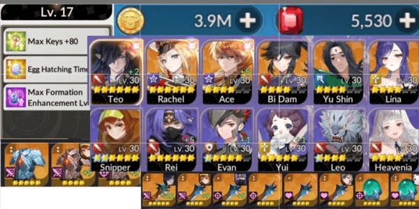 Gambar Product  Global | Lv17 | Teo | 6 SSR + 5530 Rubys | 1100 Topaz | Gold Weapon SevenKnight Rebirth