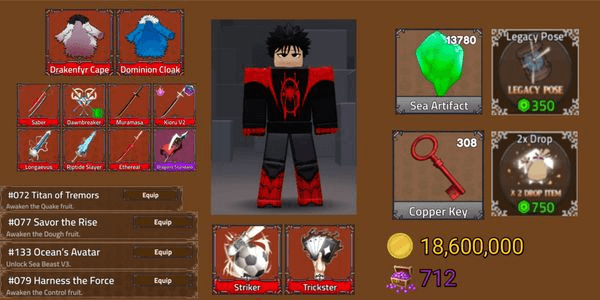 Gambar Product Akun King Legacy Max - DawnBreaker - Striker - Trickster - 308 Copper Key - 13780 Sea Artifact - 2x Drop - Riptide Slayer