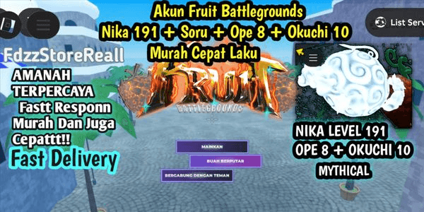 Gambar Product Akun Fruit Battlegrounds Nika Lv 191 + Soru + Ope & Okuchi Bonus