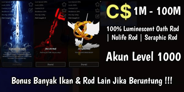 Gambar Product Account Level 1000 | Luminescent Rod | Nolife Rod | Seraphic Rod | MANY BONUS FISH - Fisch