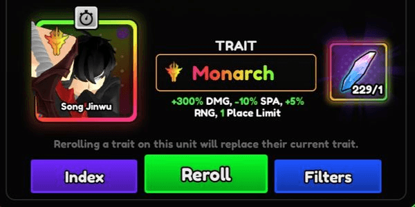 Gambar Product Starter Account Level 1 Monarch SJW + 229 Trait Rerolls - Anime Vanguard
